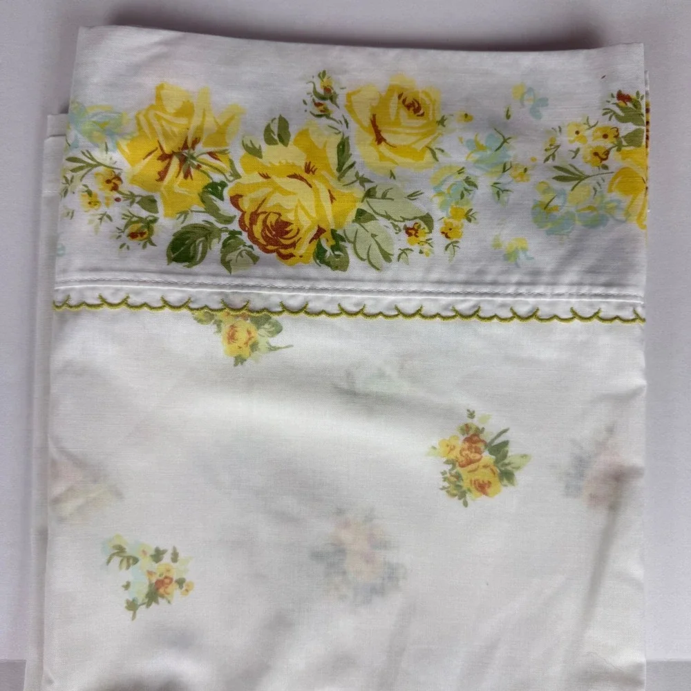Springmaid Marvelaire Vintage Double Flat Sheet Yellow Rose Floral Scalloped USA